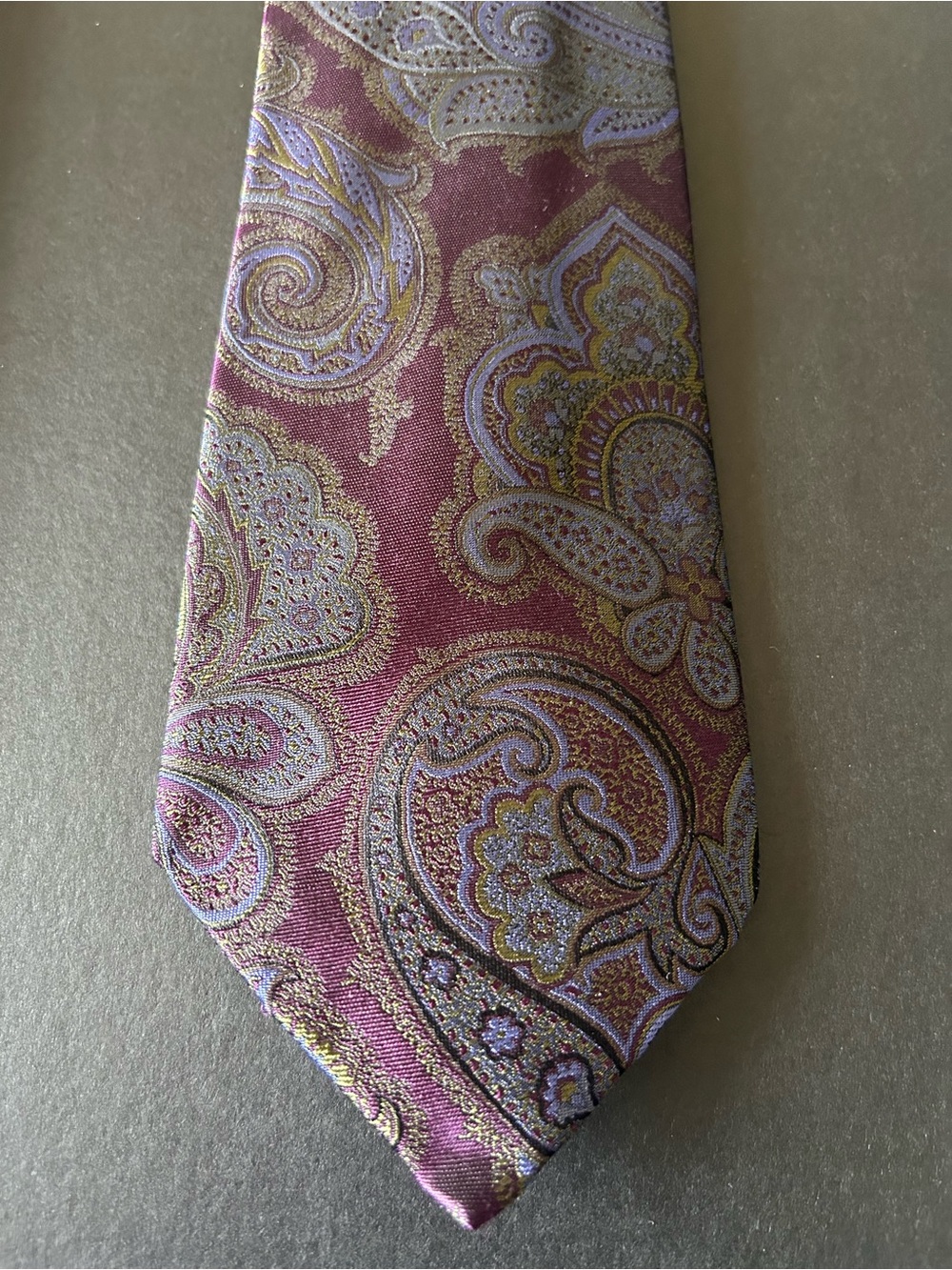 Ralph Lauren Purple Label Burgundy Paisley Silk Tie with Gold Accents